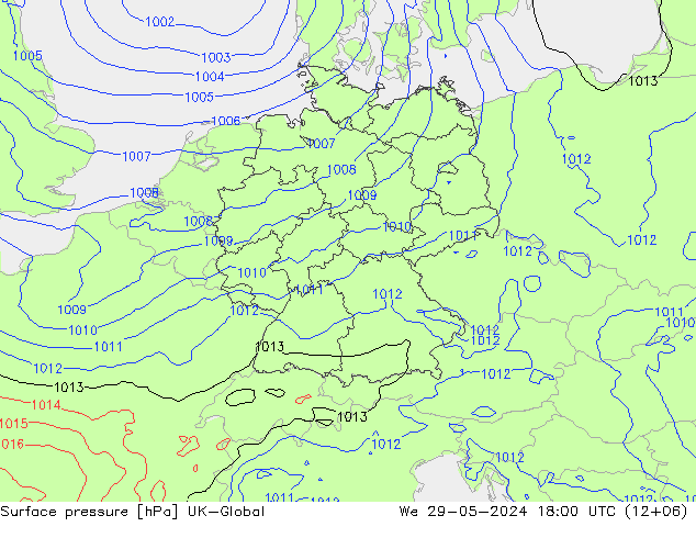 Pressione al suolo UK-Global mer 29.05.2024 18 UTC