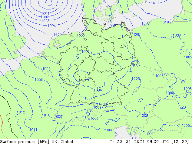 Pressione al suolo UK-Global gio 30.05.2024 08 UTC