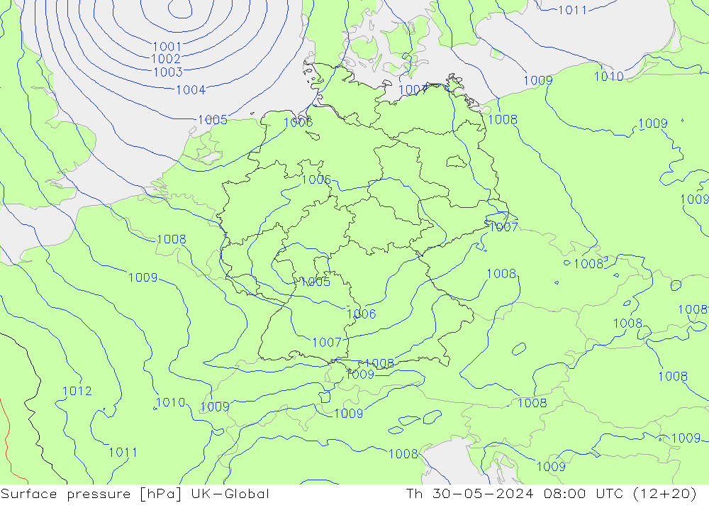 Pressione al suolo UK-Global gio 30.05.2024 08 UTC