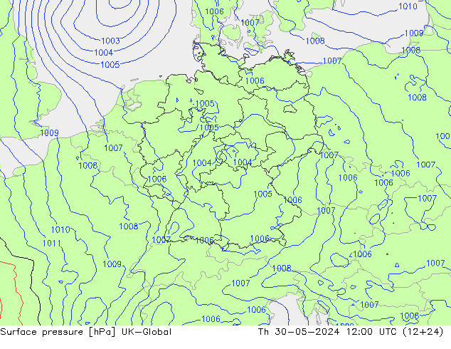 Pressione al suolo UK-Global gio 30.05.2024 12 UTC