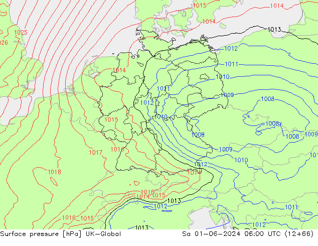 Pressione al suolo UK-Global sab 01.06.2024 06 UTC