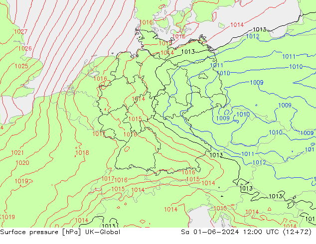 Pressione al suolo UK-Global sab 01.06.2024 12 UTC