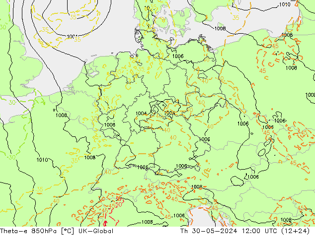 Theta-e 850hPa UK-Global Th 30.05.2024 12 UTC