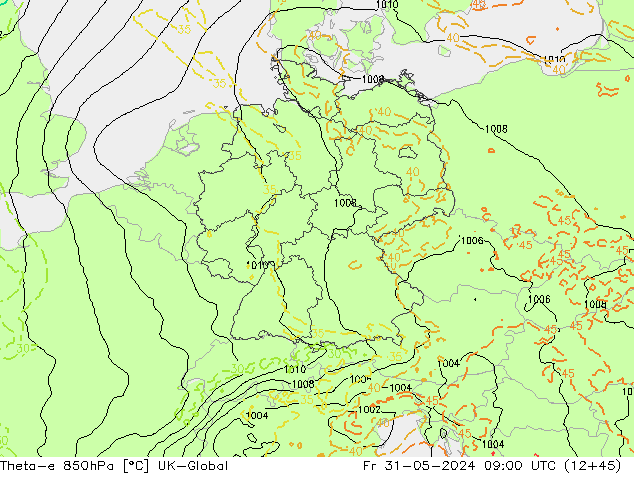 Theta-e 850hPa UK-Global Fr 31.05.2024 09 UTC