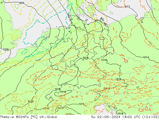 Theta-e 850hPa UK-Global Su 02.06.2024 18 UTC