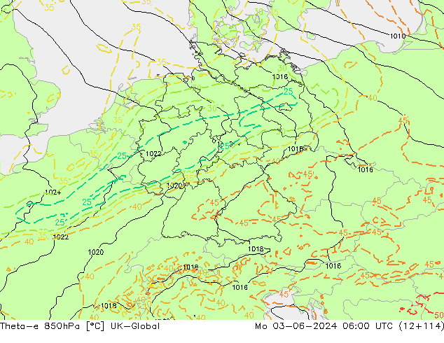 Theta-e 850hPa UK-Global Mo 03.06.2024 06 UTC