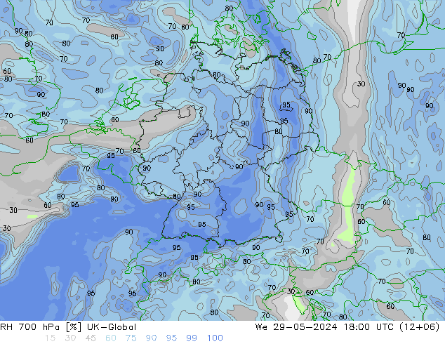 RH 700 гПа UK-Global ср 29.05.2024 18 UTC