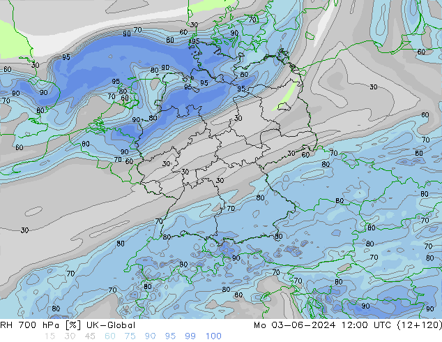 Humidité rel. 700 hPa UK-Global lun 03.06.2024 12 UTC