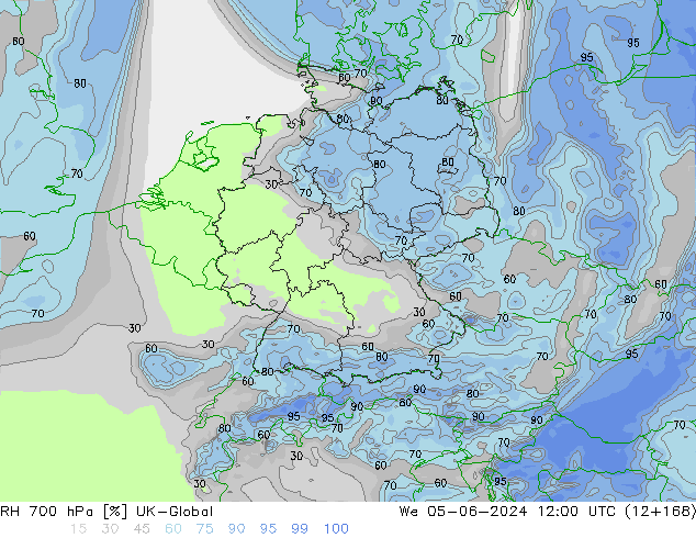 Humidité rel. 700 hPa UK-Global mer 05.06.2024 12 UTC