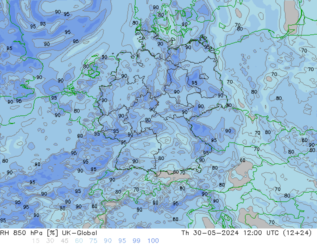 RH 850 hPa UK-Global czw. 30.05.2024 12 UTC