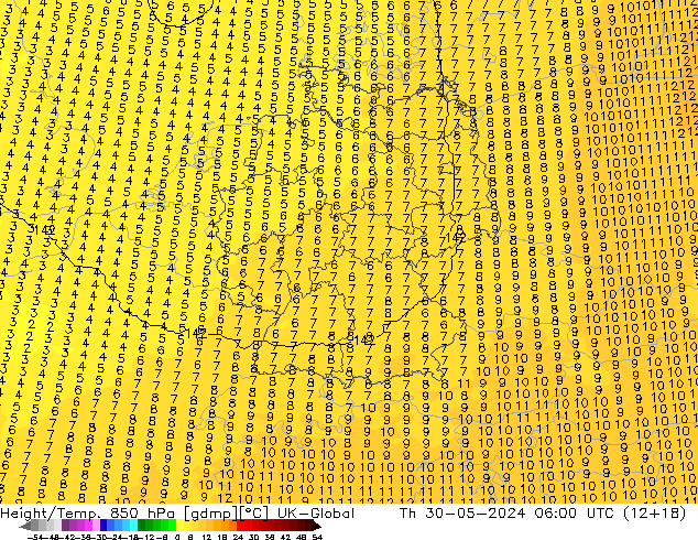 Géop./Temp. 850 hPa UK-Global jeu 30.05.2024 06 UTC