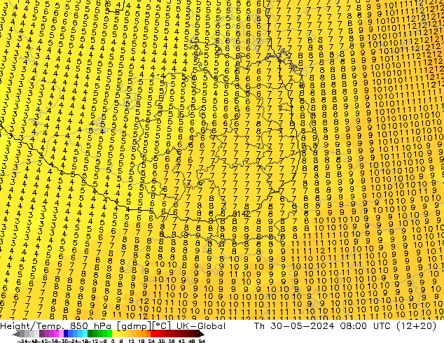 Height/Temp. 850 гПа UK-Global чт 30.05.2024 08 UTC