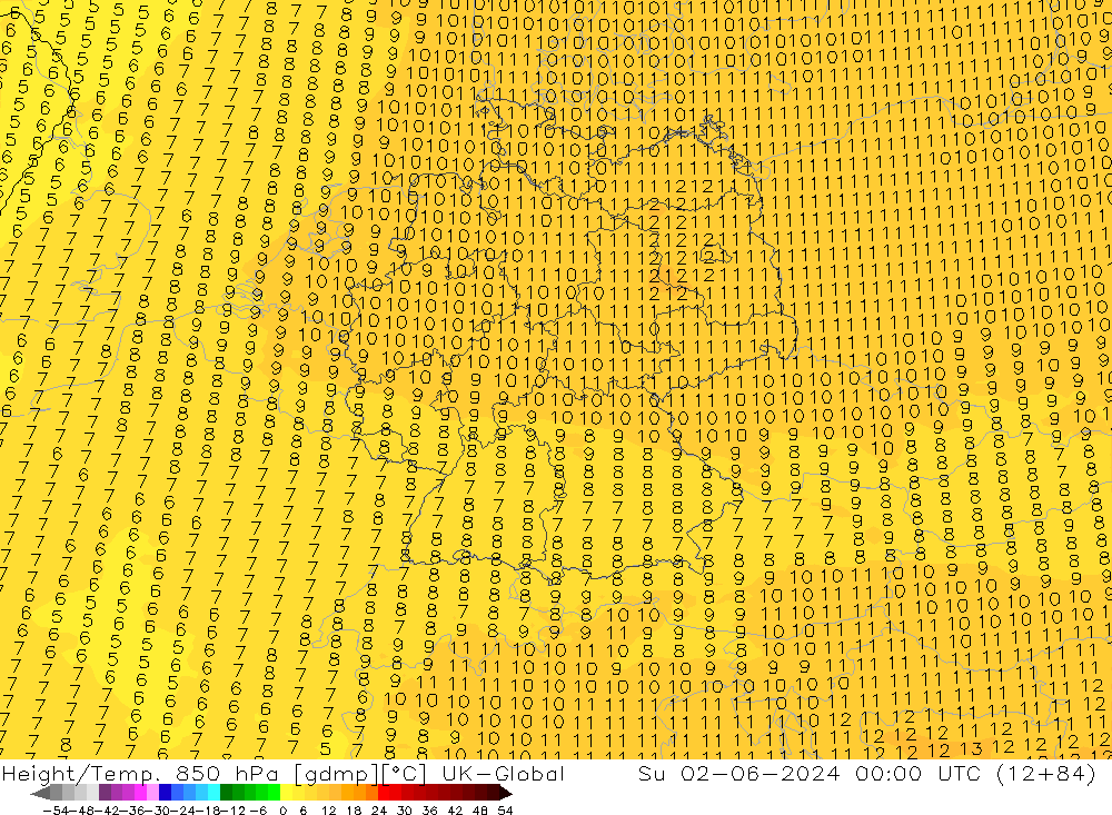 Yükseklik/Sıc. 850 hPa UK-Global Paz 02.06.2024 00 UTC