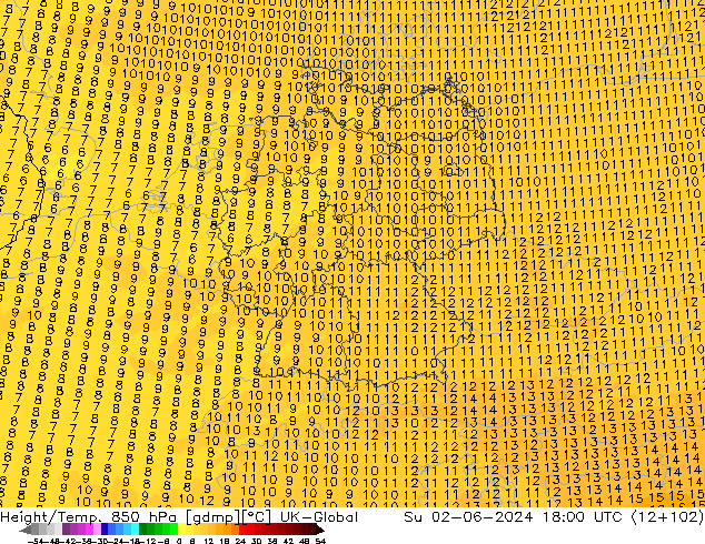 Height/Temp. 850 hPa UK-Global So 02.06.2024 18 UTC