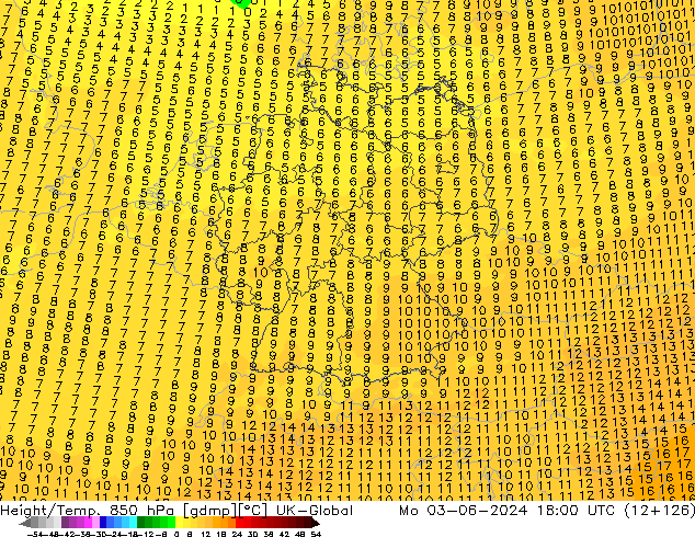 Height/Temp. 850 hPa UK-Global Mo 03.06.2024 18 UTC