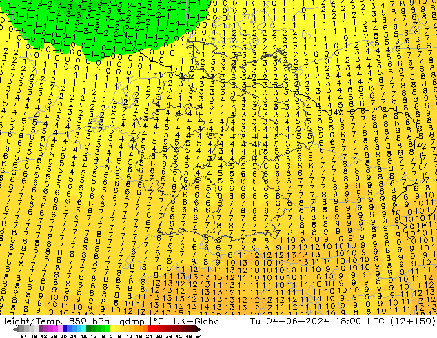 Height/Temp. 850 hPa UK-Global  04.06.2024 18 UTC