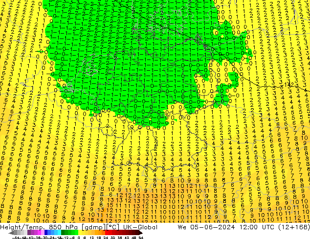 Géop./Temp. 850 hPa UK-Global mer 05.06.2024 12 UTC