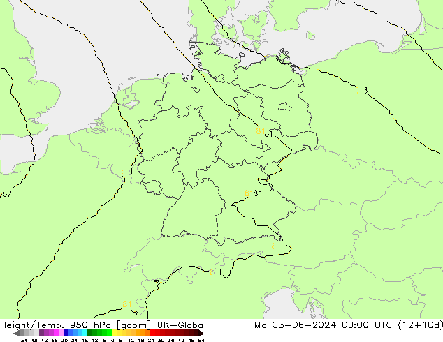 Height/Temp. 950 гПа UK-Global пн 03.06.2024 00 UTC