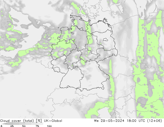 Cloud cover (total) UK-Global St 29.05.2024 18 UTC