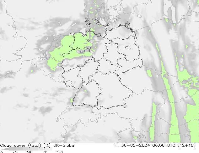 Cloud cover (total) UK-Global Th 30.05.2024 06 UTC