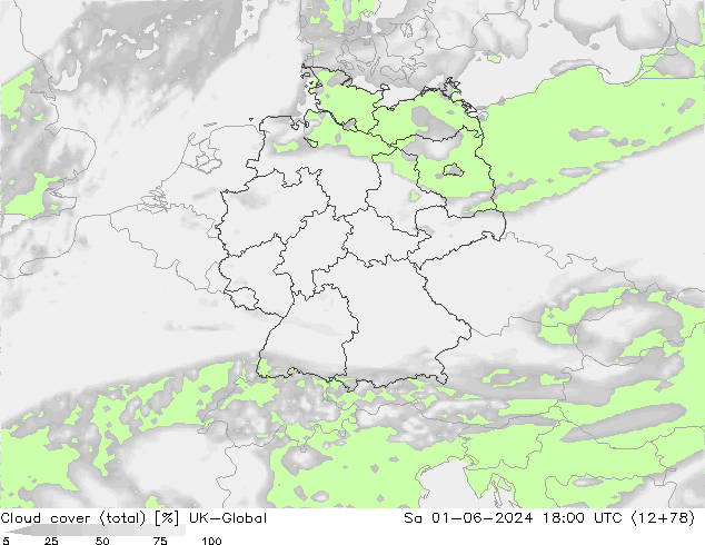 Cloud cover (total) UK-Global So 01.06.2024 18 UTC