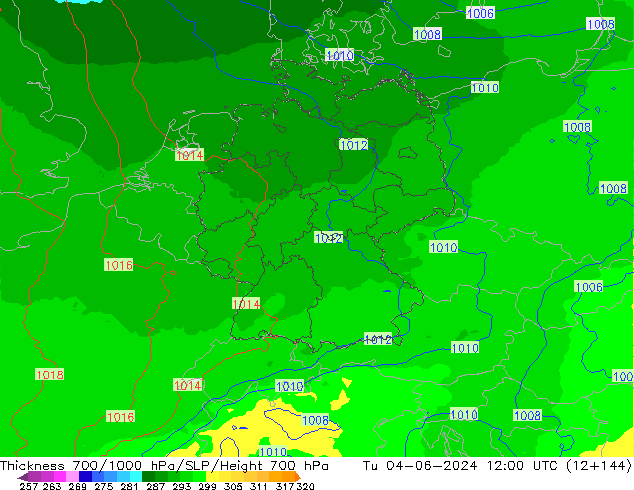 Thck 700-1000 hPa UK-Global Út 04.06.2024 12 UTC