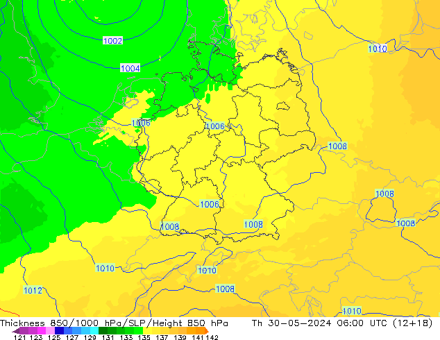 Schichtdicke 850-1000 hPa UK-Global Do 30.05.2024 06 UTC