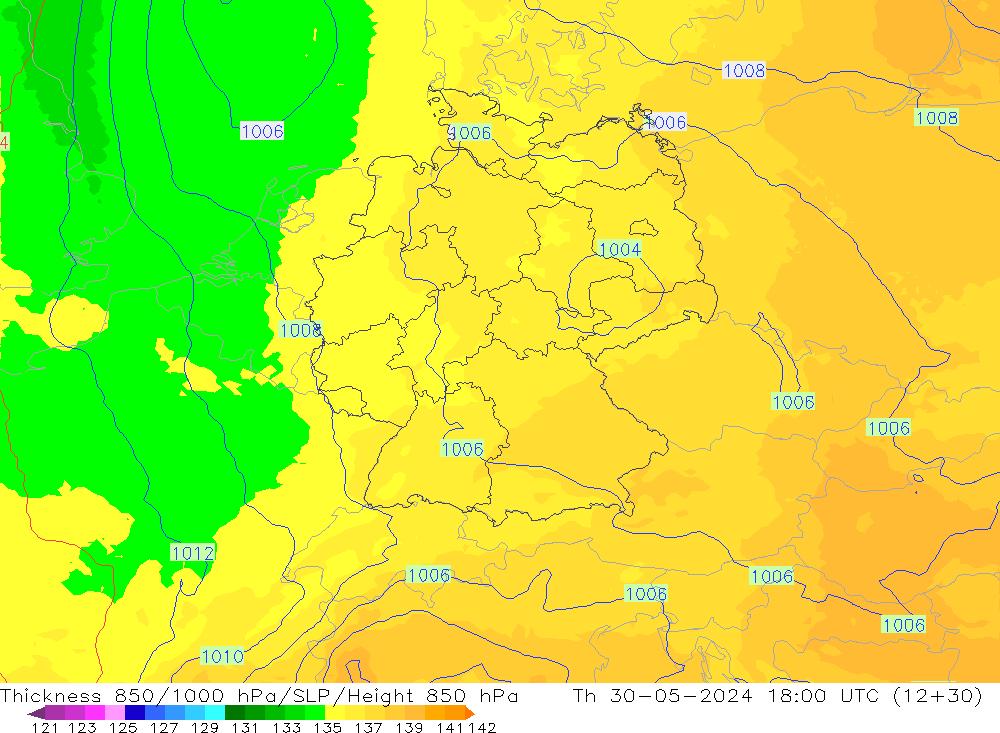 Thck 850-1000 гПа UK-Global чт 30.05.2024 18 UTC