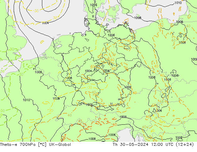 Theta-e 700hPa UK-Global jue 30.05.2024 12 UTC