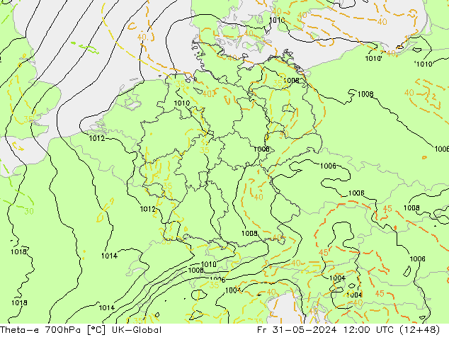 Theta-e 700hPa UK-Global vie 31.05.2024 12 UTC