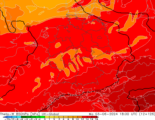 Theta-W 850гПа UK-Global пн 03.06.2024 18 UTC