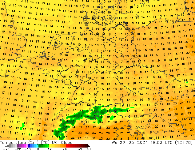Sıcaklık Haritası (2m) UK-Global Çar 29.05.2024 18 UTC
