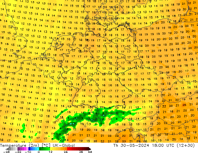 Temperature (2m) UK-Global Th 30.05.2024 18 UTC