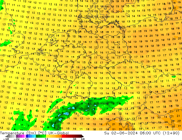 Sıcaklık Haritası (2m) UK-Global Paz 02.06.2024 06 UTC