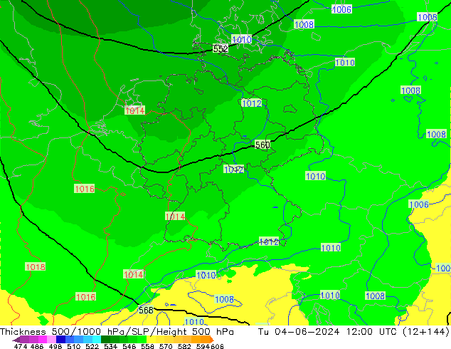 Thck 500-1000hPa UK-Global Tu 04.06.2024 12 UTC