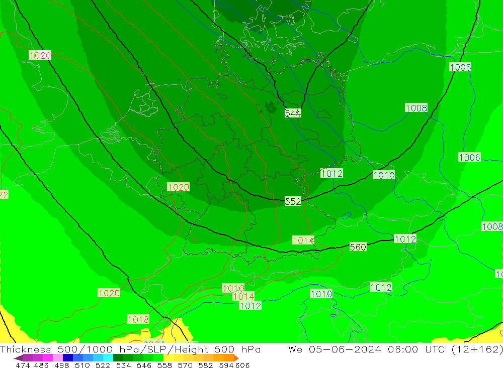 Schichtdicke 500-1000 hPa UK-Global Mi 05.06.2024 06 UTC