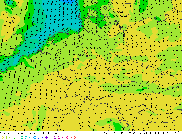 Surface wind UK-Global Su 02.06.2024 06 UTC
