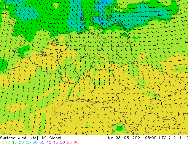 Surface wind UK-Global Mo 03.06.2024 06 UTC