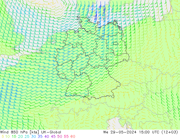 Wind 850 hPa UK-Global We 29.05.2024 15 UTC