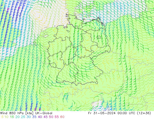 Wind 850 hPa UK-Global Fr 31.05.2024 00 UTC