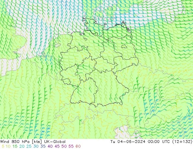 Wind 850 hPa UK-Global Út 04.06.2024 00 UTC