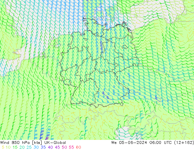 Vento 850 hPa UK-Global Qua 05.06.2024 06 UTC