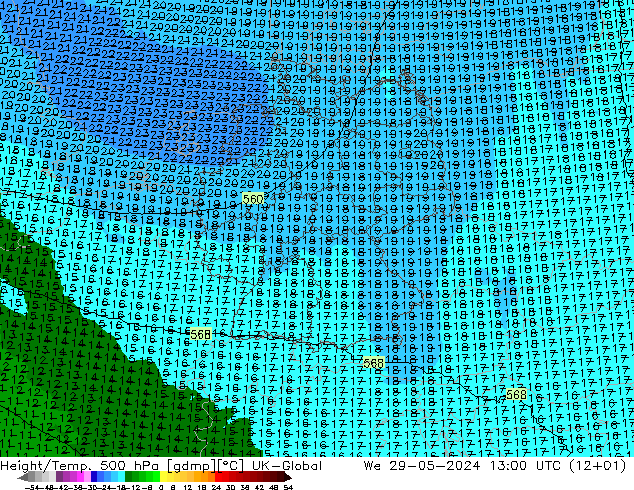 Height/Temp. 500 hPa UK-Global  29.05.2024 13 UTC