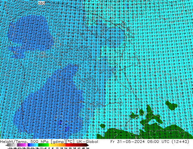 Hoogte/Temp. 500 hPa UK-Global vr 31.05.2024 06 UTC