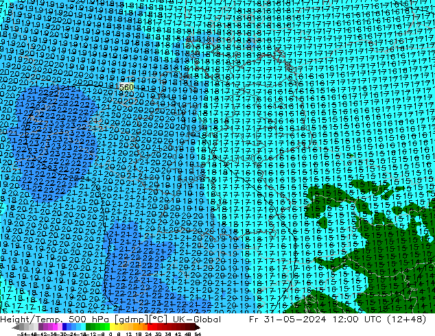 Height/Temp. 500 hPa UK-Global Fr 31.05.2024 12 UTC