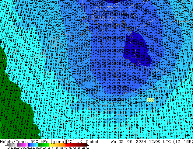 Height/Temp. 500 hPa UK-Global mer 05.06.2024 12 UTC