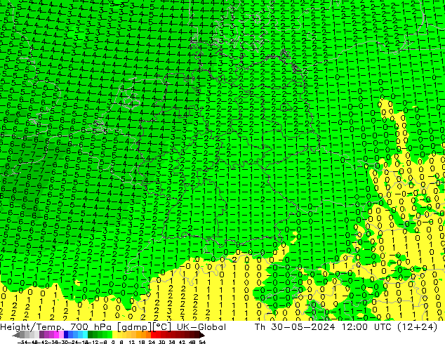 Géop./Temp. 700 hPa UK-Global jeu 30.05.2024 12 UTC