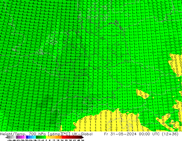 Height/Temp. 700 hPa UK-Global  31.05.2024 00 UTC