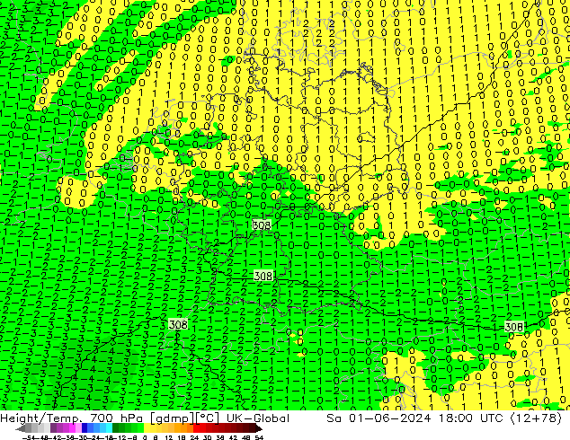 Hoogte/Temp. 700 hPa UK-Global za 01.06.2024 18 UTC