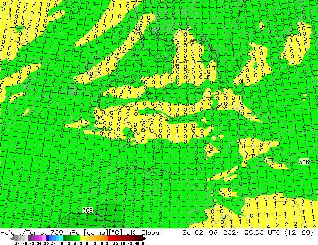 Height/Temp. 700 hPa UK-Global Dom 02.06.2024 06 UTC